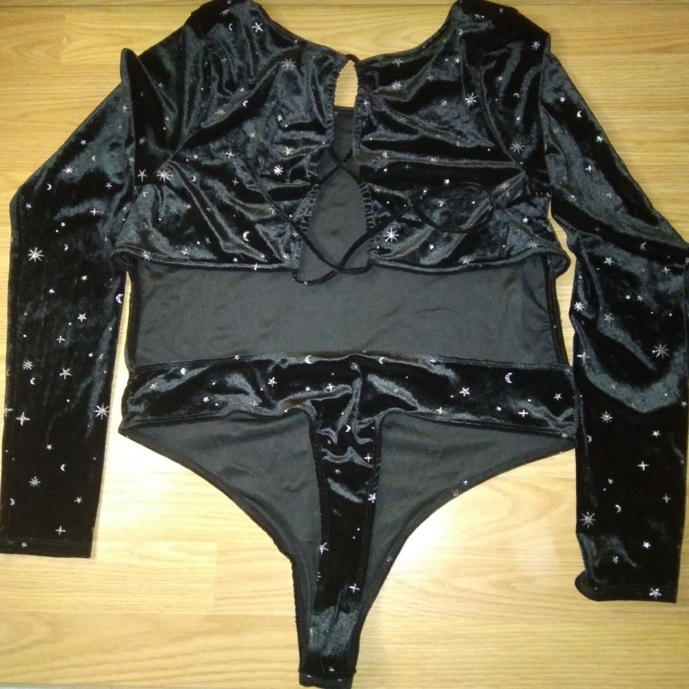 Black Velour Galaxy Bodysuit With Thong